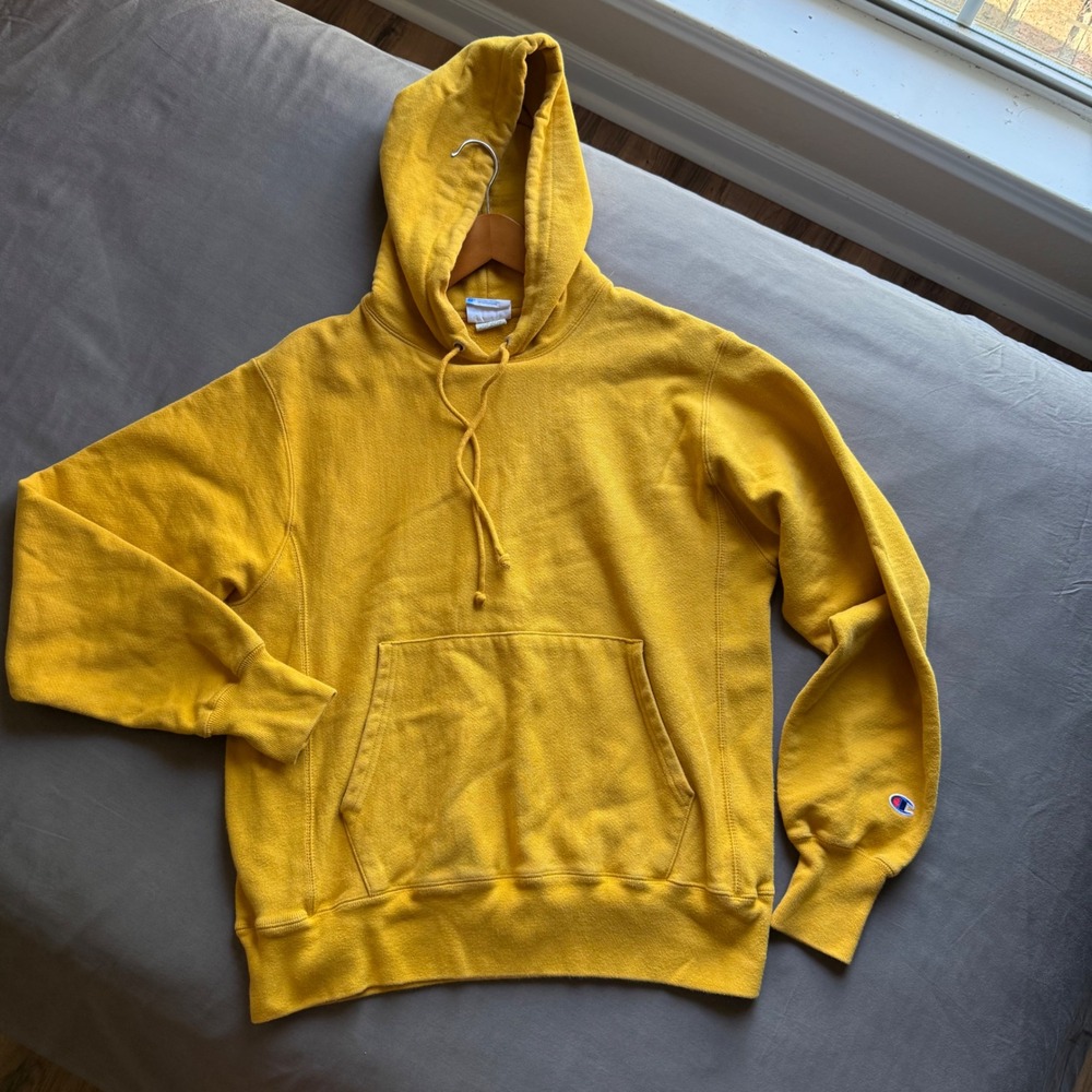 Champion Reverse Weave Hoodie Mustard Yellow Mens Medium Sweatshirt VTG 90s Y2K